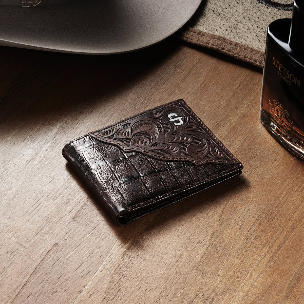 Tooled Embossed Croco Bi-Fold Wallet Brown - Stetson